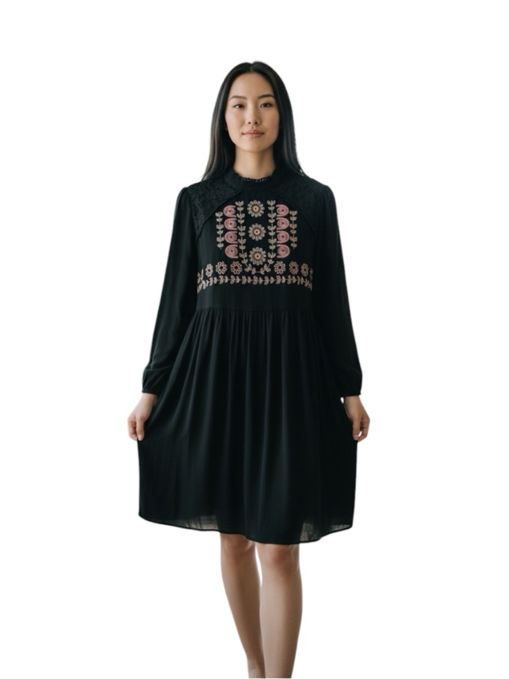 Xhilaration Black Long-Sleeve Dress with Pink & Cream Embroidery, small